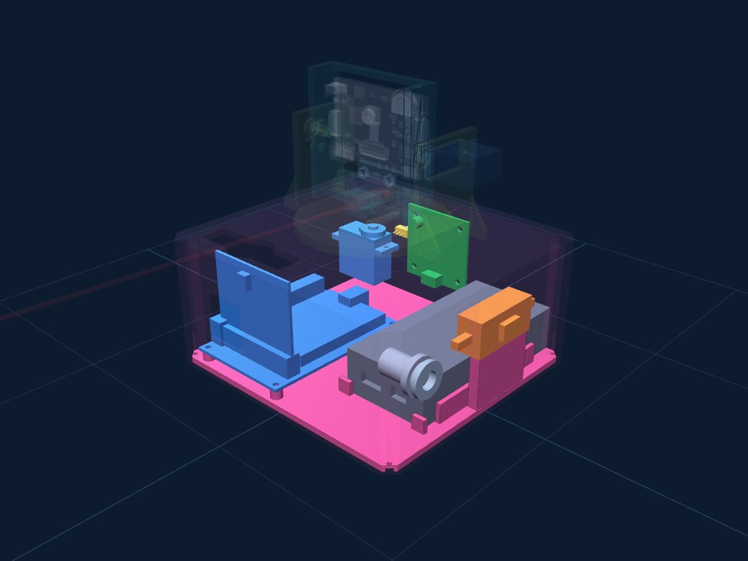 Inside the base: the Xia mi board with the micro:bit standing up at the front left, the dark power bank on the right, the blue pan servo under the deck, the green speaker on the back wall
