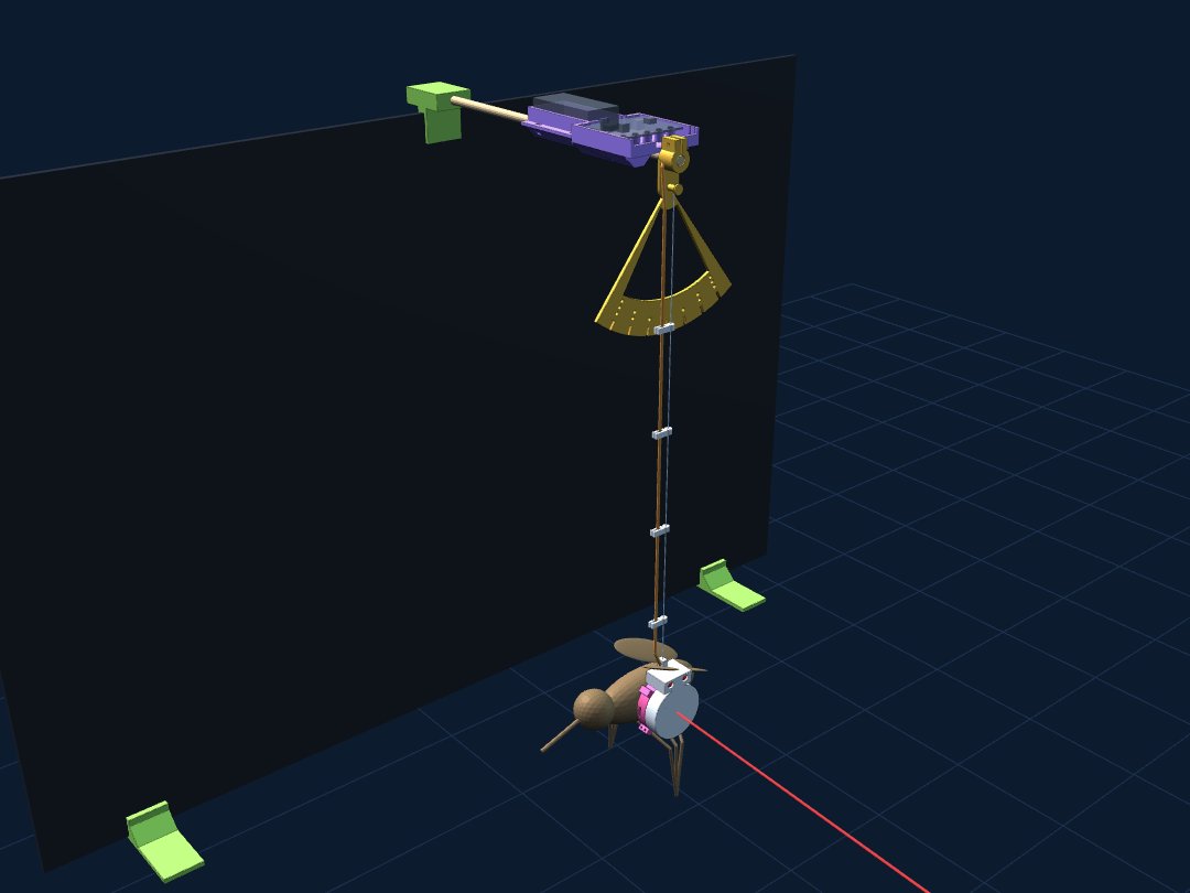 3D model of the mosquito test rig: the purple wand at the top, the fishing line down past the pendulum pivot, and the stuffed mosquito with its white pod