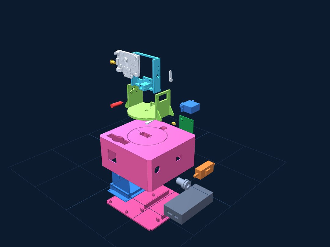 Exploded 3D model of the turret: floor plate and power bank at the bottom, the pink base shell, the green turntable and yoke, the teal head with the camera, the tilt servo on the right, the laser under the camera