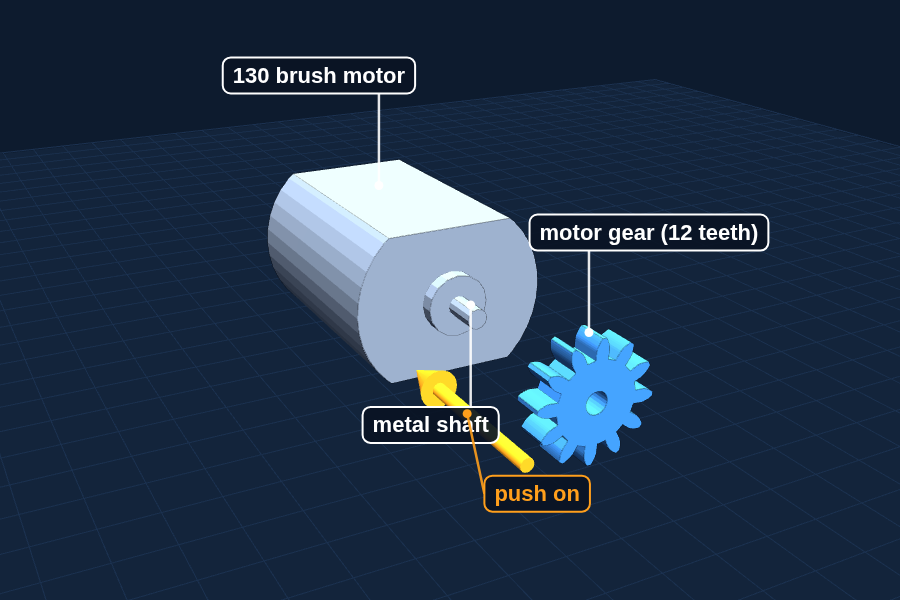 Push the motor gear onto the metal shaft of the 130 motor.