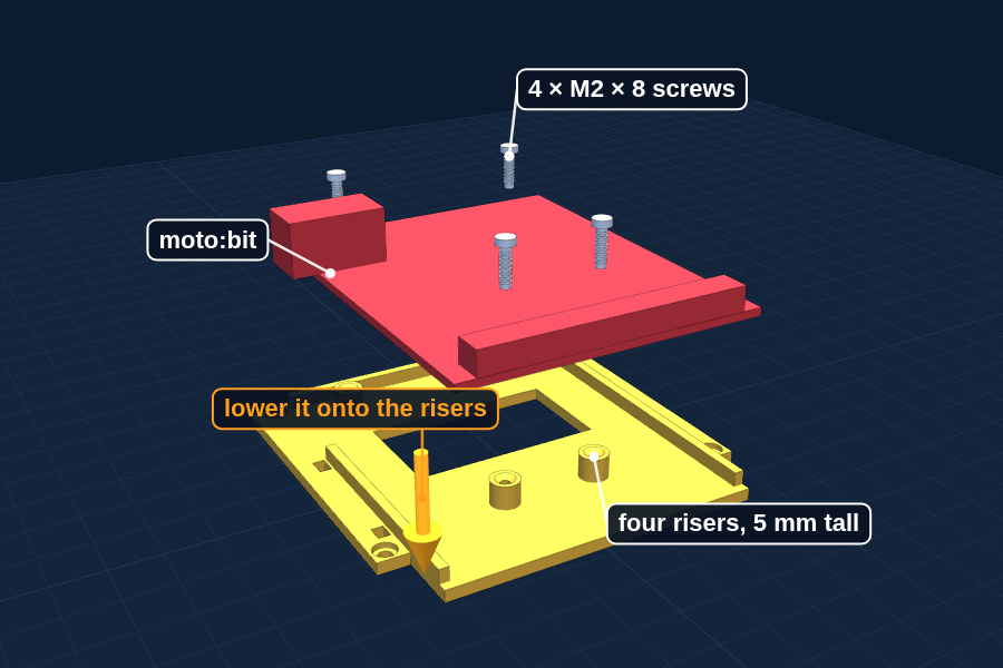 Clean up the deck, run an M2 × 8 screw into each of the four risers once and back it out, then set the moto:bit on the risers to check the fit.
