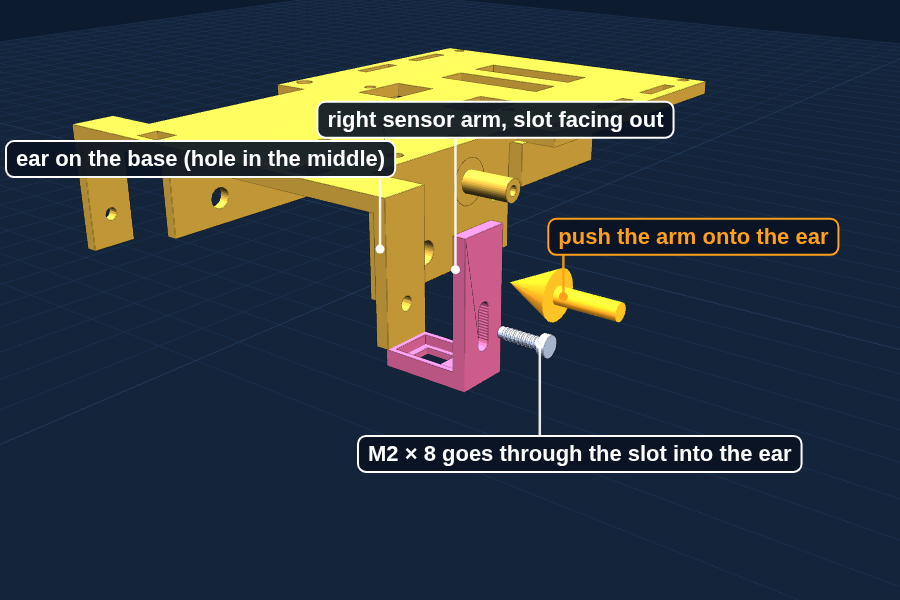 Hold each sensor arm against its ear on the base and push an M2 × 8 screw through the slot.