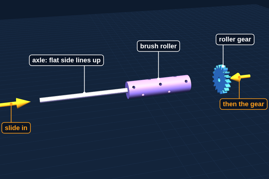 Slide the axle through the roller, then put the roller gear on the end.