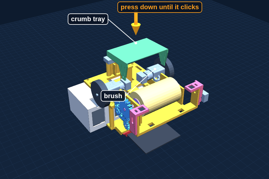 Turn Dusty upside down on a towel and press the tray on until the back clicks.
