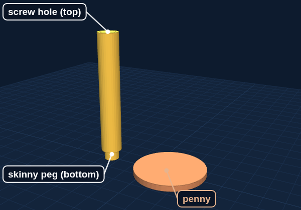 Deck post next to a penny for size