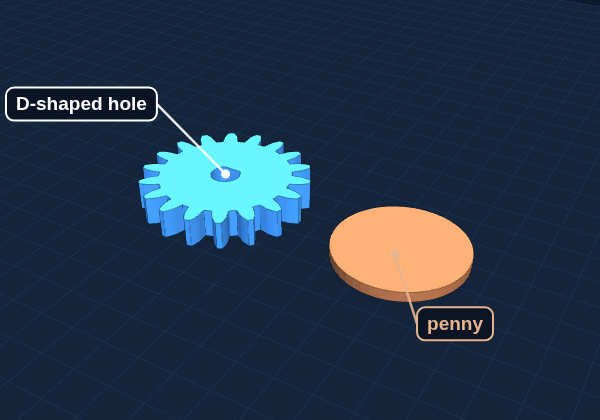 Roller gear next to a penny for size